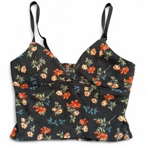Floral V-Neck Cropped Cami Top - Black with Vibrant Floral